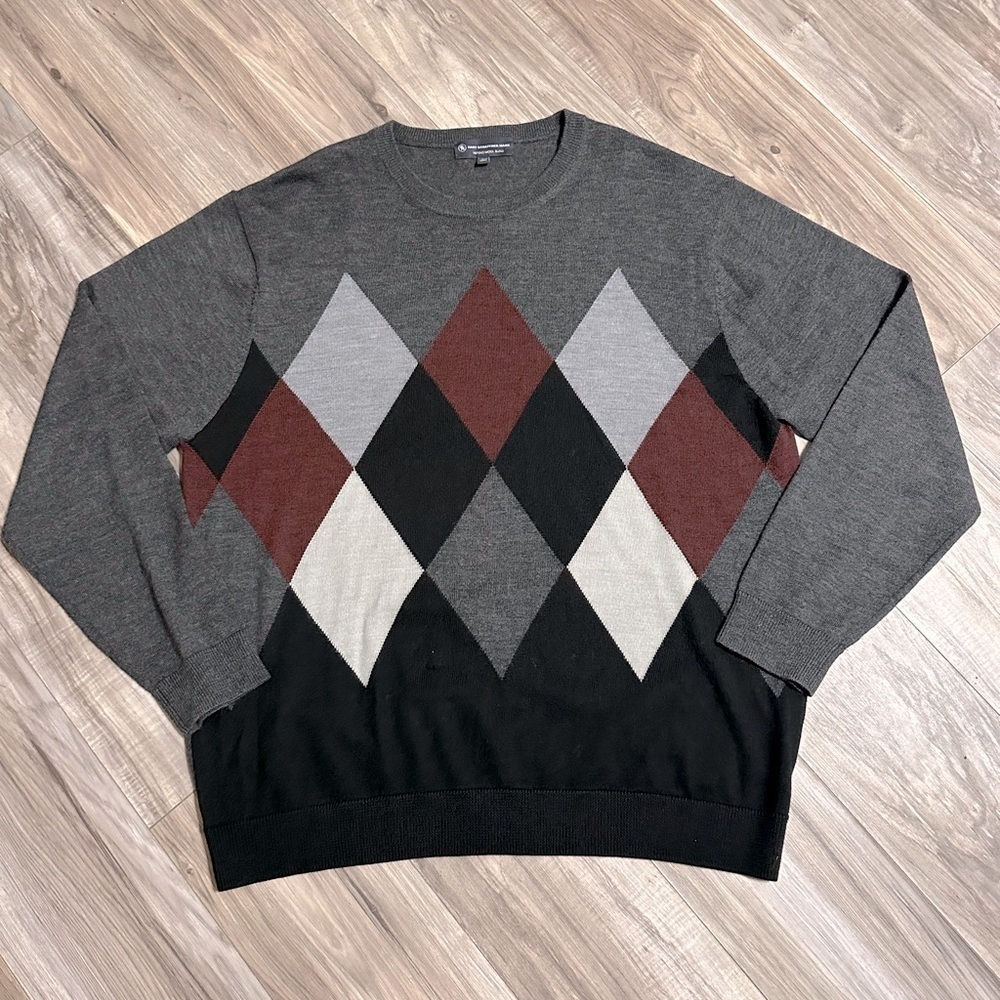 Hart Schaffner Marx Men's Merino Wool Blend Sweater Size XL Gray Black Burgundy